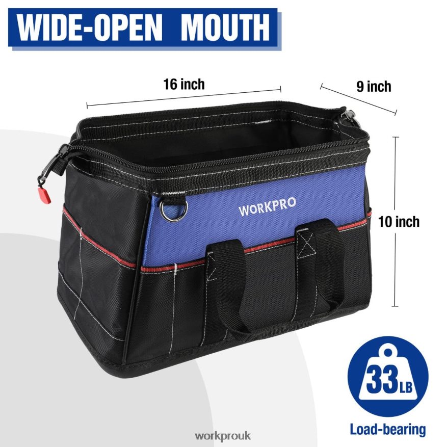 WORKPRO16-inch Wide Mouth Tool Bag, Heavy Duty Cloth Tool Storage Bag with Water Proof Molded Base, Adjustable Shoulder Strap X662Z24 Storage