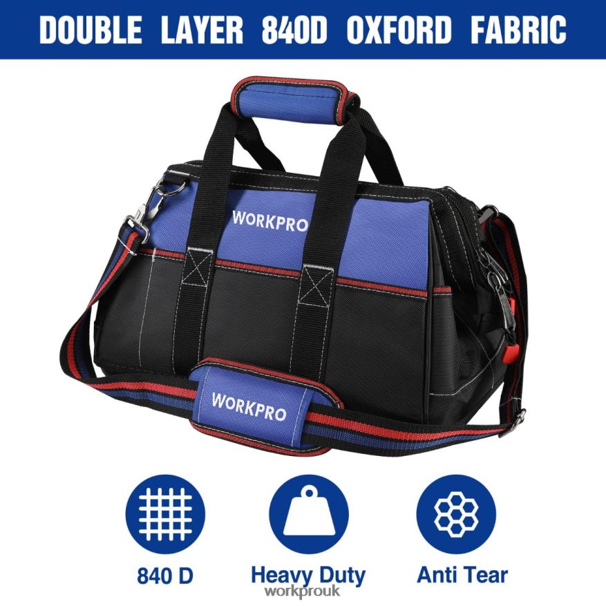 WORKPRO16-inch Wide Mouth Tool Bag, Heavy Duty Cloth Tool Storage Bag with Water Proof Molded Base, Adjustable Shoulder Strap X662Z24 Storage