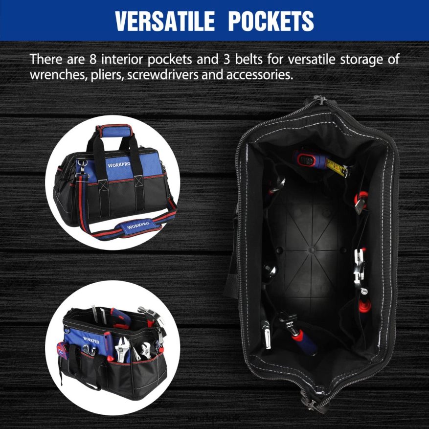 WORKPRO16-inch Wide Mouth Tool Bag, Heavy Duty Cloth Tool Storage Bag with Water Proof Molded Base, Adjustable Shoulder Strap X662Z24 Storage