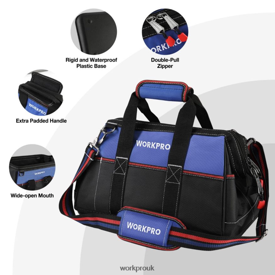 WORKPRO16-inch Wide Mouth Tool Bag, Heavy Duty Cloth Tool Storage Bag with Water Proof Molded Base, Adjustable Shoulder Strap X662Z24 Storage