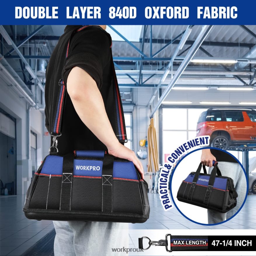 WORKPRO16-inch Wide Mouth Tool Bag, Heavy Duty Cloth Tool Storage Bag with Water Proof Molded Base, Adjustable Shoulder Strap X662Z24 Storage