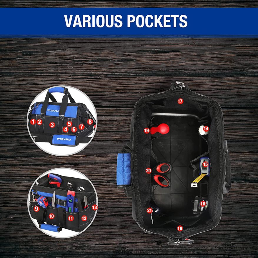WORKPRO16-inch Wide Mouth Tool Bag with Water Proof Molded Base X662Z34 Storage