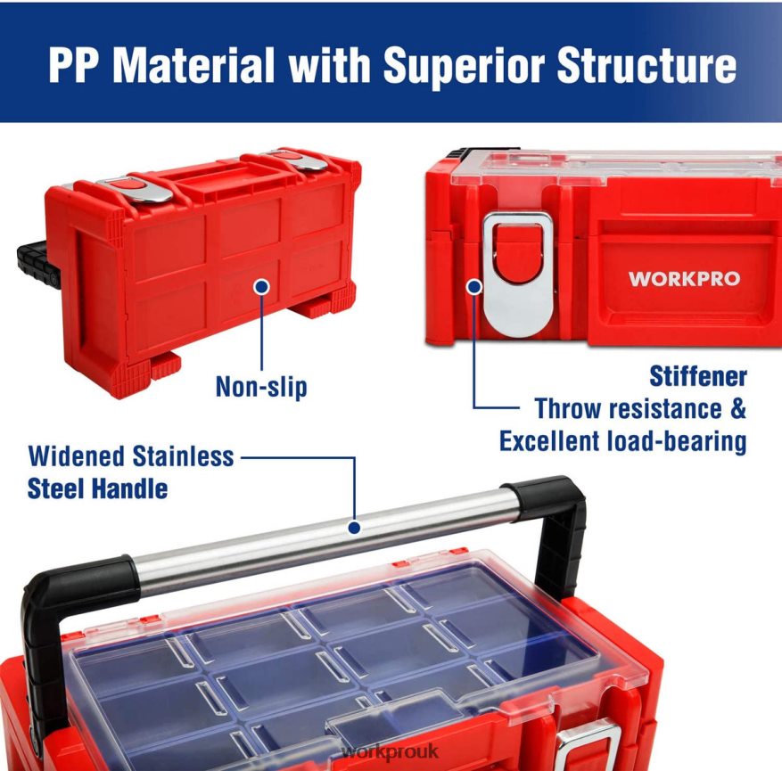 WORKPRO17-inch Plastic Tool Box, Storage Box with Locking Lid and Stainless Steel Handle X662Z25 Storage