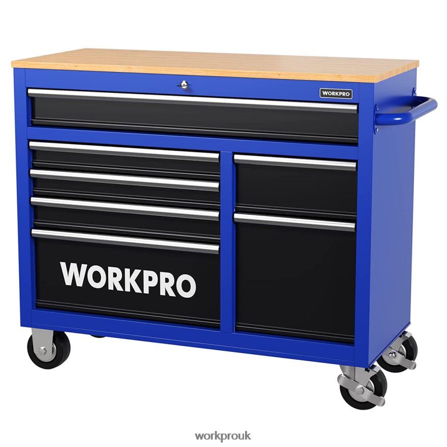 WORKPRO42-Inch 7-Drawers Rolling Tool Chest with Wooden Top, Equipped with Casters, Handle, Drawer Liner, and Locking System, 1000 lbs Load Capacity X662Z26 Storage