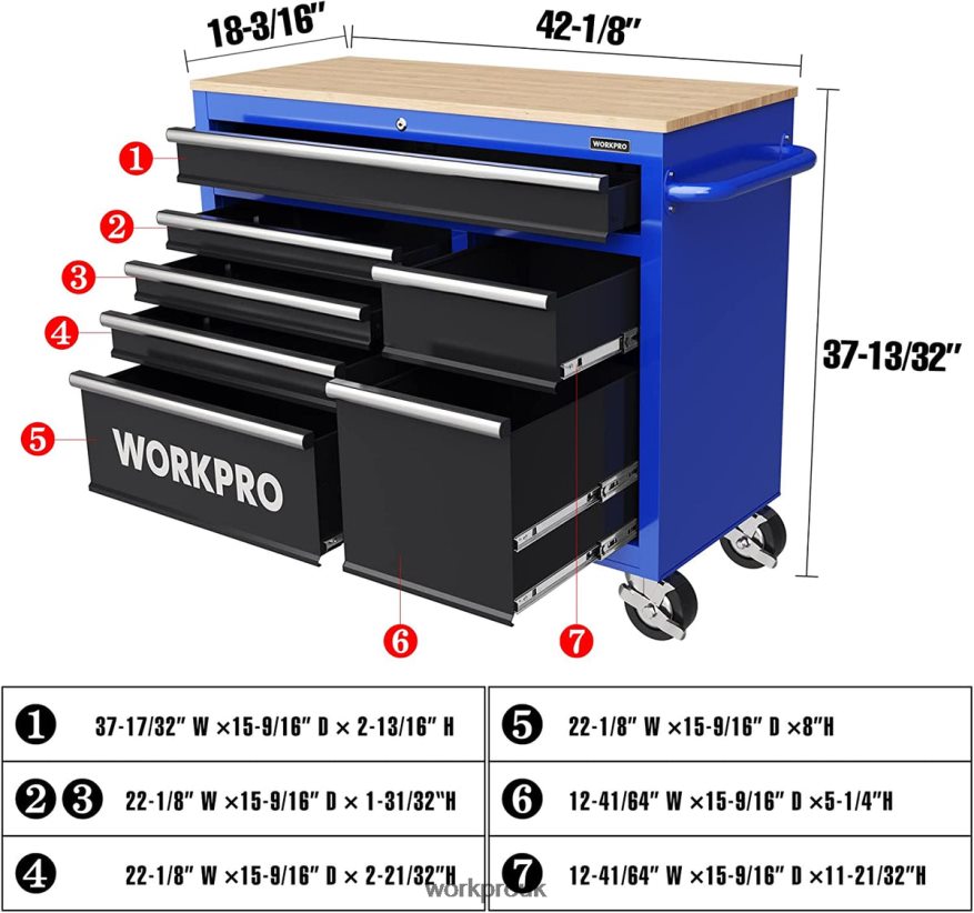 WORKPRO42-Inch 7-Drawers Rolling Tool Chest with Wooden Top, Equipped with Casters, Handle, Drawer Liner, and Locking System, 1000 lbs Load Capacity X662Z26 Storage