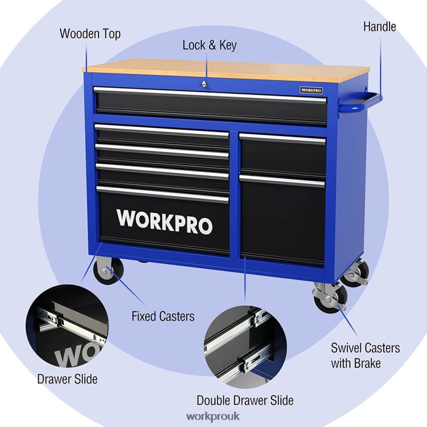 WORKPRO42-Inch 7-Drawers Rolling Tool Chest with Wooden Top, Equipped with Casters, Handle, Drawer Liner, and Locking System, 1000 lbs Load Capacity X662Z26 Storage