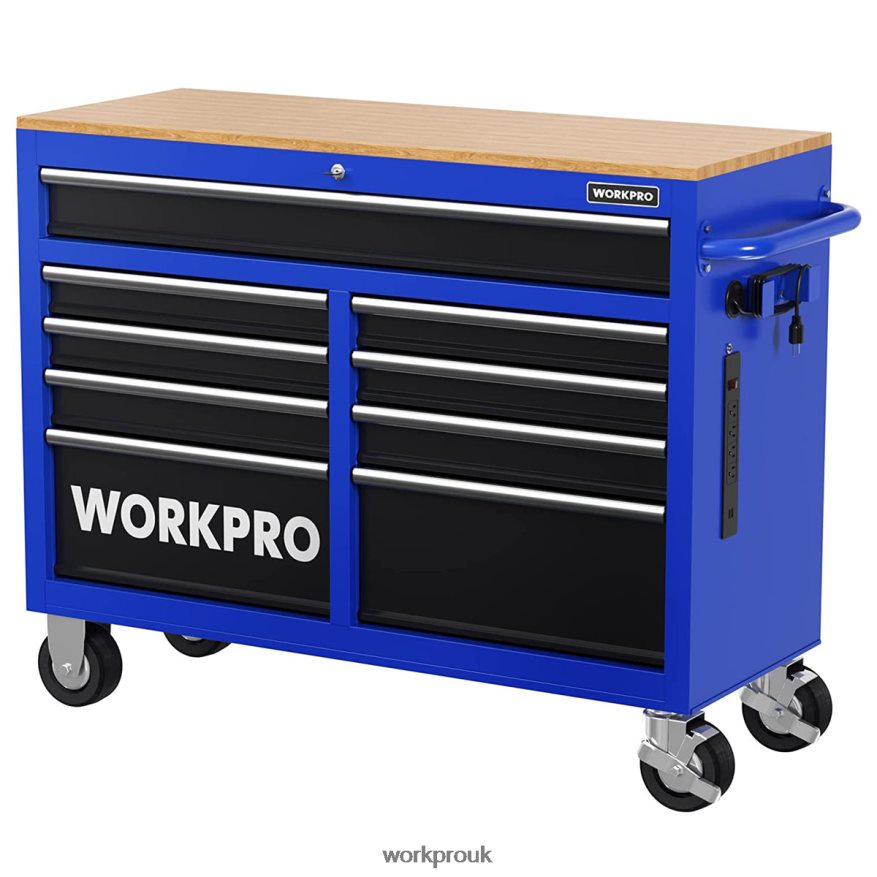 WORKPRO46-Inch 9-Drawers Rolling Tool Chest with Wooden Top, Equipped with Casters, Handle, Drawer Liner, and Locking System, 1200 lbs Load Capacity X662Z15 Storage