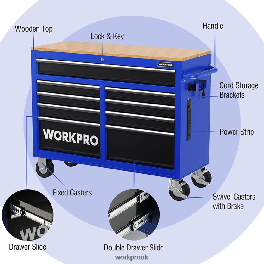 WORKPRO46-Inch 9-Drawers Rolling Tool Chest with Wooden Top, Equipped with Casters, Handle, Drawer Liner, and Locking System, 1200 lbs Load Capacity X662Z15 Storage