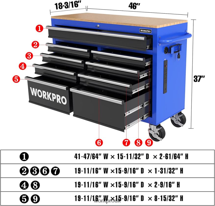 WORKPRO46-Inch 9-Drawers Rolling Tool Chest with Wooden Top, Equipped with Casters, Handle, Drawer Liner, and Locking System, 1200 lbs Load Capacity X662Z15 Storage
