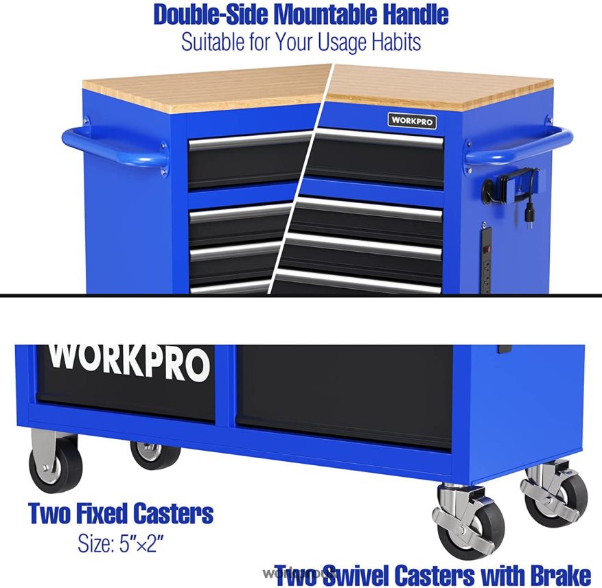WORKPRO46-Inch 9-Drawers Rolling Tool Chest with Wooden Top, Equipped with Casters, Handle, Drawer Liner, and Locking System, 1200 lbs Load Capacity X662Z15 Storage