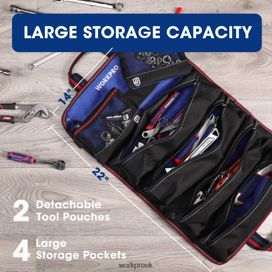WORKPROHeavy Duty Tool Roll Up Bag Organizer with 6 Pockets and Detachable Tool Pouches X662Z32 Storage
