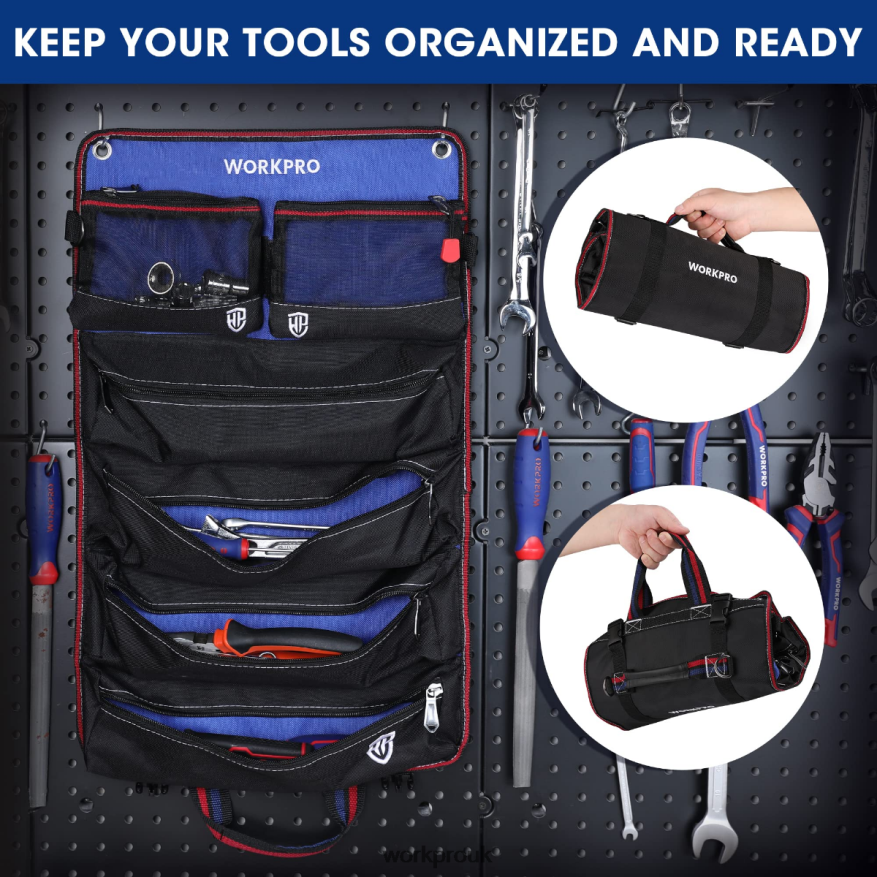 WORKPROHeavy Duty Tool Roll Up Bag Organizer with 6 Pockets and Detachable Tool Pouches X662Z32 Storage