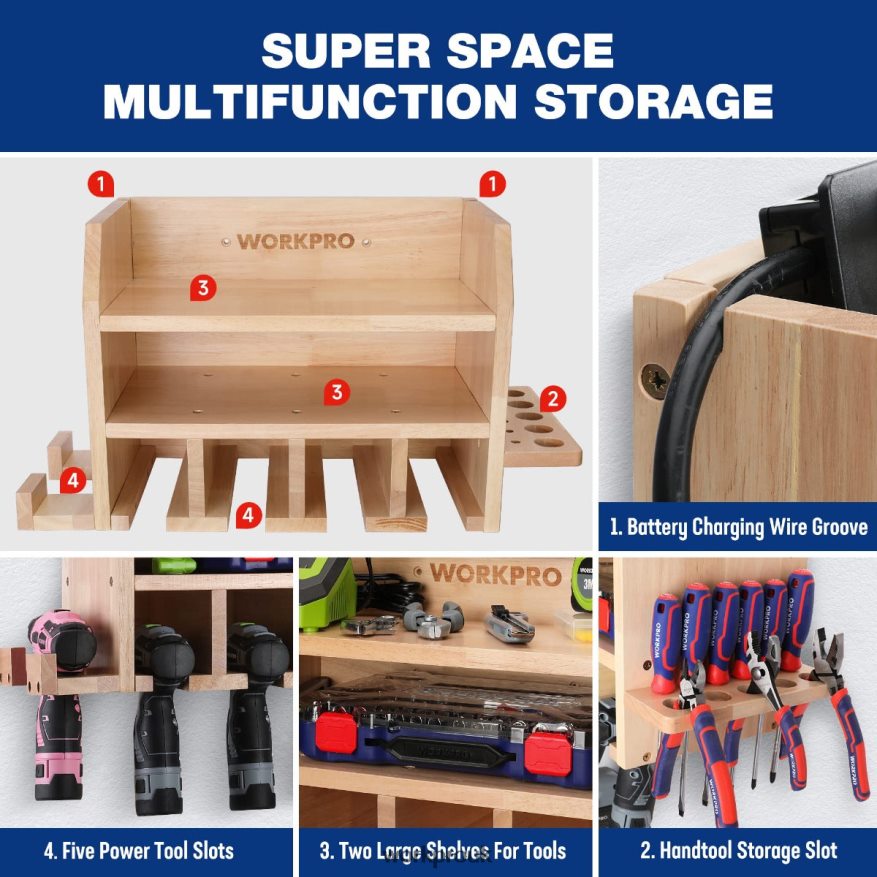WORKPROPower Tool Organizer, Cordless Drill Holder Storage Wall Mount with 5 Drill Hanging Slots, Solid Wooden Tool Storage X662Z19 Storage