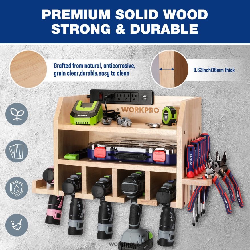 WORKPROPower Tool Organizer, Cordless Drill Holder Storage Wall Mount with 5 Drill Hanging Slots, Solid Wooden Tool Storage X662Z19 Storage