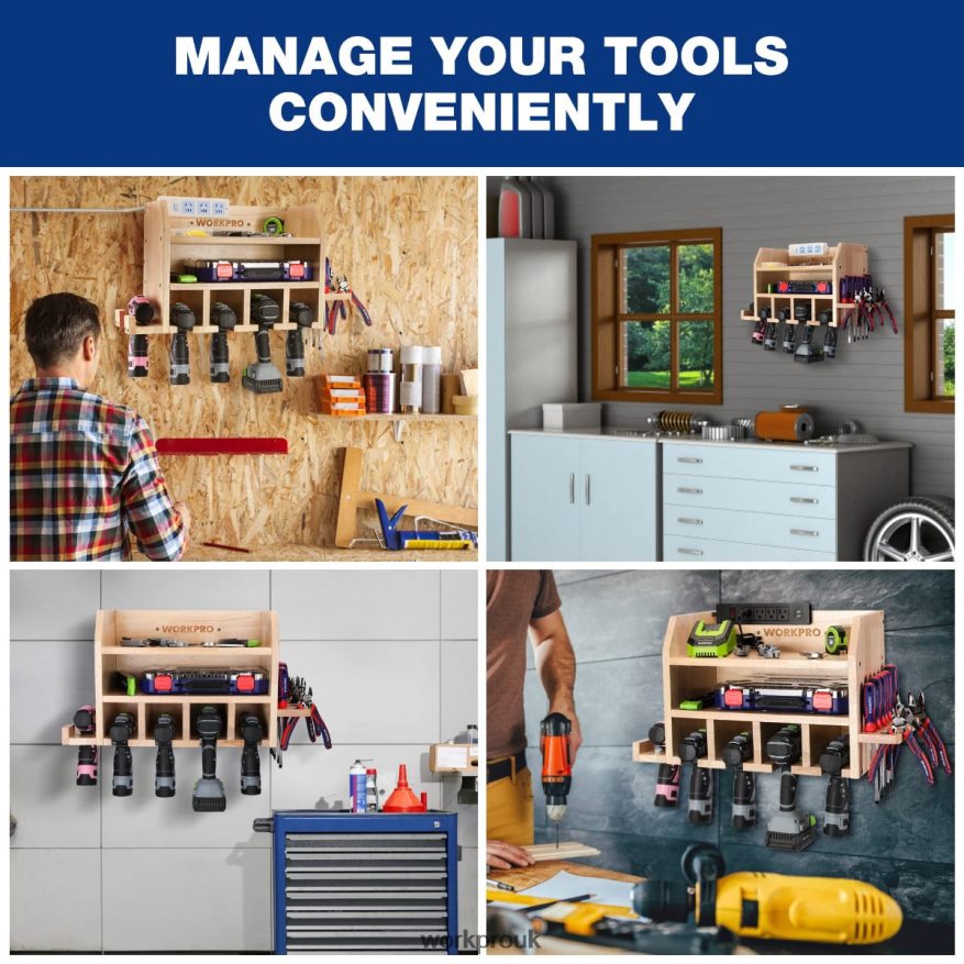 WORKPROPower Tool Organizer, Cordless Drill Holder Storage Wall Mount with 5 Drill Hanging Slots, Solid Wooden Tool Storage X662Z19 Storage