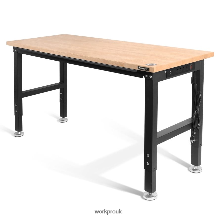 WORKPROAdjustable Workbench 2000 LBS Load Capacity Hardwood Worktable with Power Outlets X662Z1 Storage