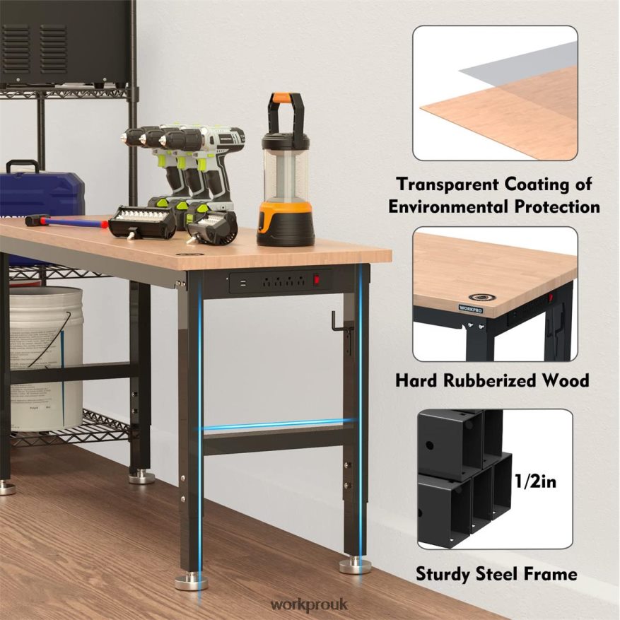 WORKPROAdjustable Workbench 2000 LBS Load Capacity Hardwood Worktable with Power Outlets X662Z1 Storage