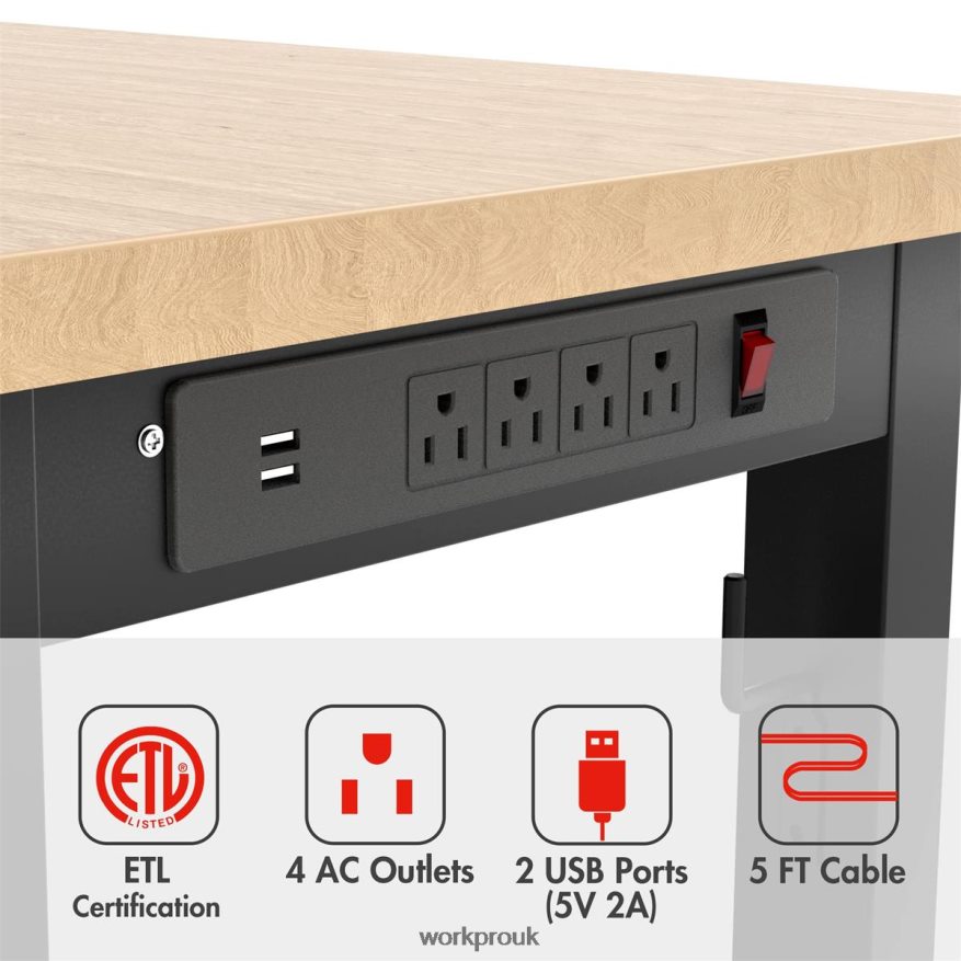 WORKPROAdjustable Workbench 2000 LBS Load Capacity Hardwood Worktable with Power Outlets X662Z1 Storage