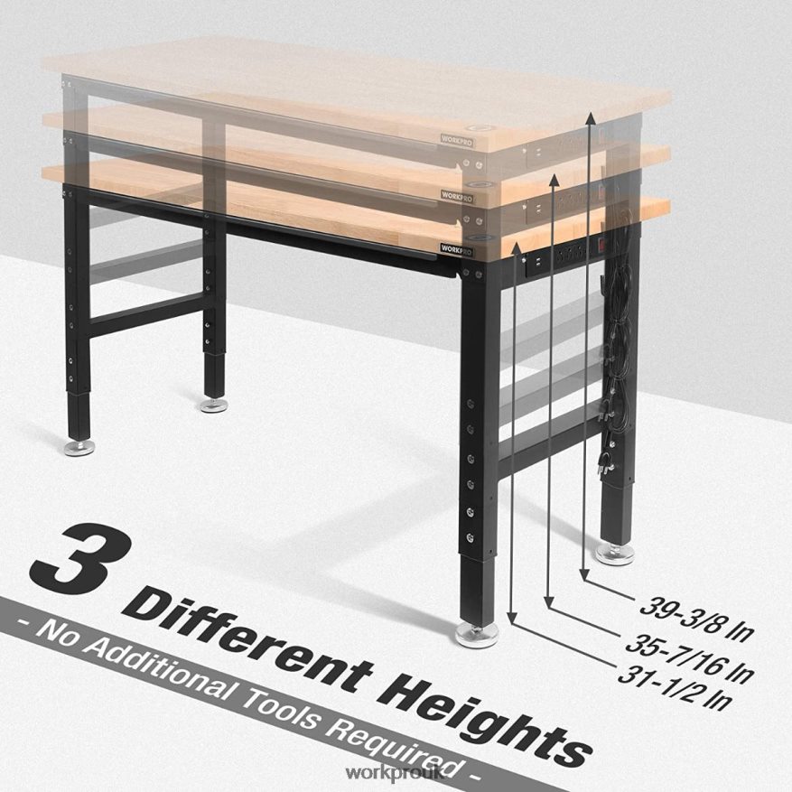 WORKPROAdjustable Workbench 2000 LBS Load Capacity Hardwood Worktable with Power Outlets X662Z1 Storage