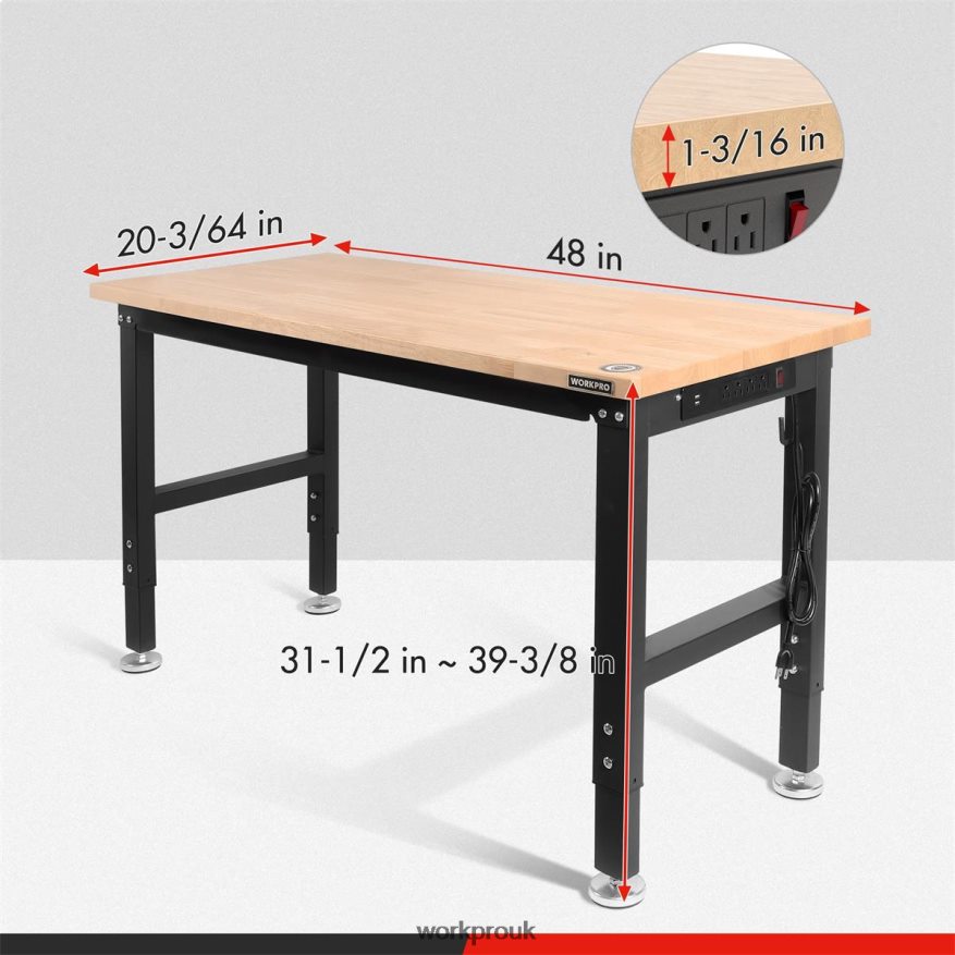 WORKPROAdjustable Workbench 2000 LBS Load Capacity Hardwood Worktable with Power Outlets X662Z1 Storage