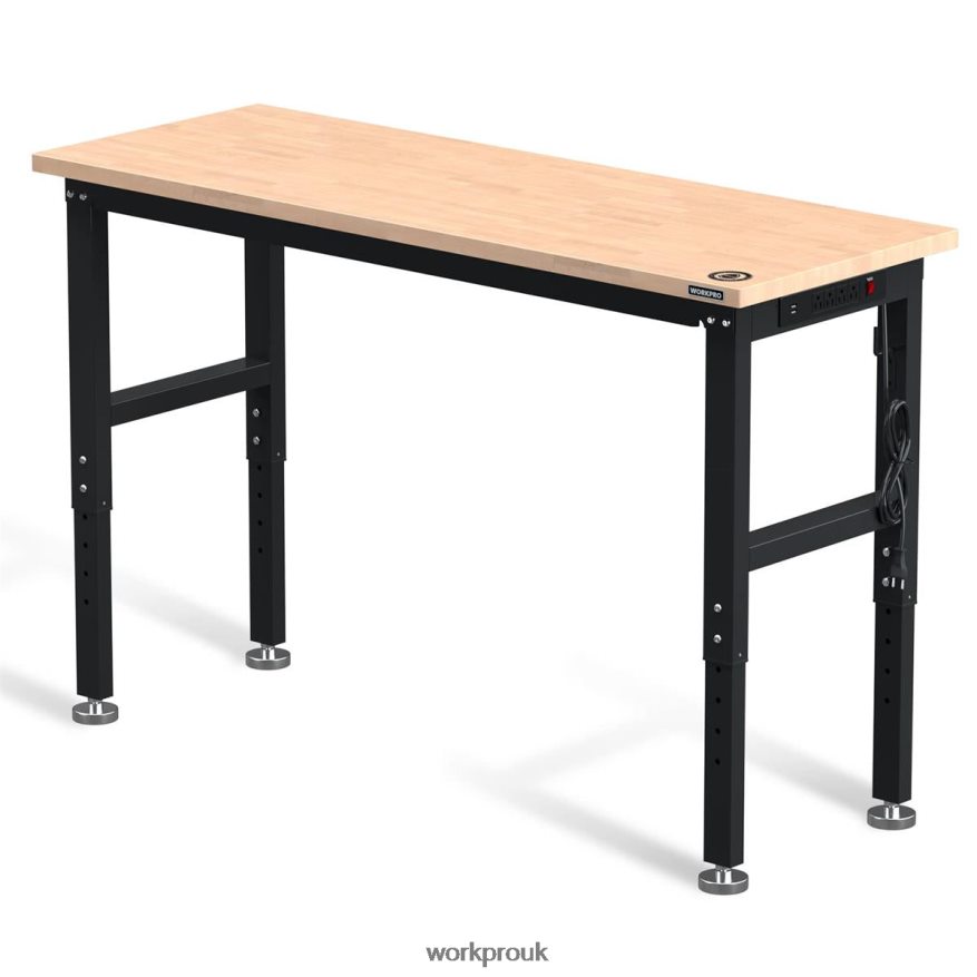 WORKPROAdjustable Workbench 2000 LBS Load Capacity Hardwood Worktable with Power Outlets X662Z1 Storage