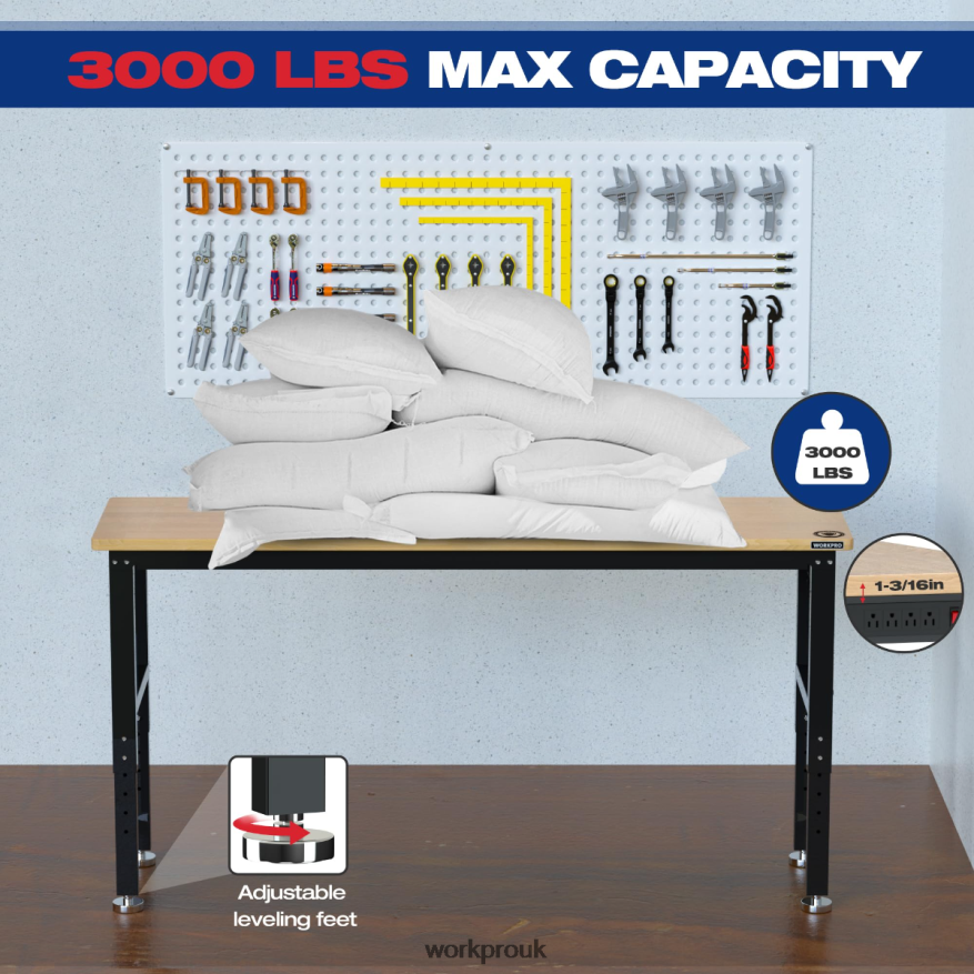 WORKPROAdjustable Workbench 3000 LBS Load Capacity Hardwood Worktable with Power Outlets X662Z4 Storage