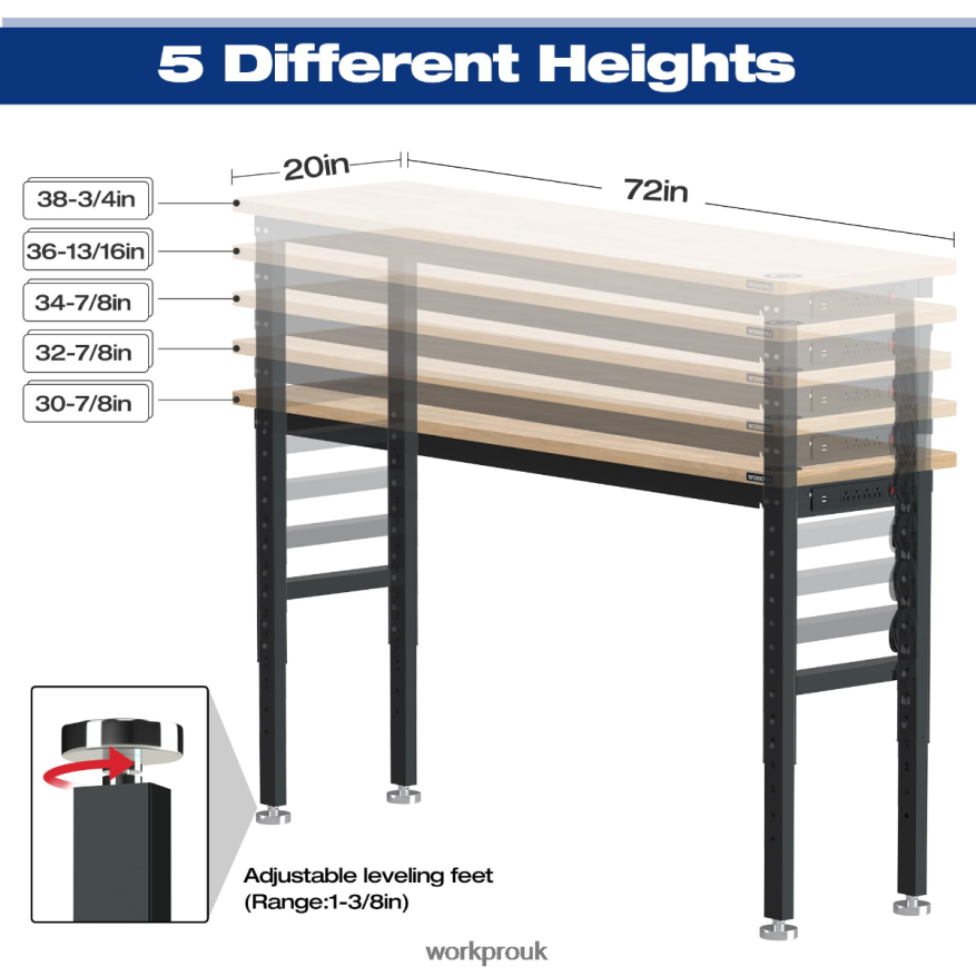 WORKPROAdjustable Workbench 3000 LBS Load Capacity Hardwood Worktable with Power Outlets X662Z4 Storage