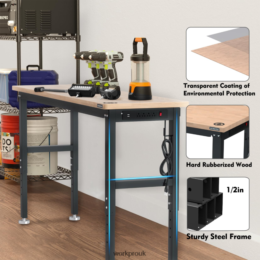 WORKPROAdjustable Workbench 3000 LBS Load Capacity Hardwood Worktable with Power Outlets X662Z4 Storage