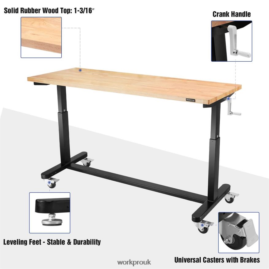 WORKPROHeight Adjustable Work Table with Crank Handle, with Casters and Leveling Feet, 500 Lbs Load Capacity X662Z3 Storage
