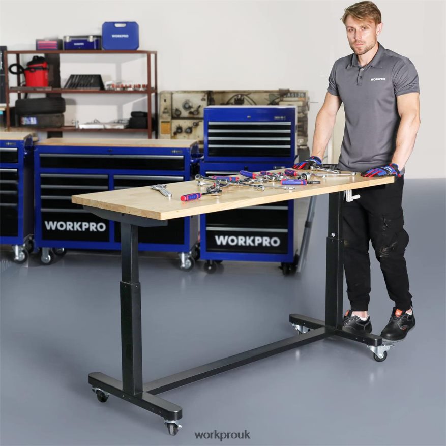 WORKPROHeight Adjustable Work Table with Crank Handle, with Casters and Leveling Feet, 500 Lbs Load Capacity X662Z3 Storage