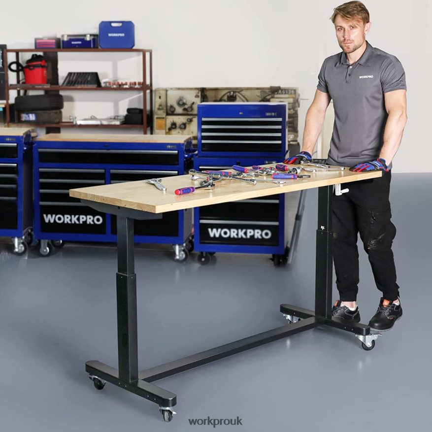 WORKPROHeight Adjustable Work Table with Crank Handle, with Casters and Leveling Feet, 500 Lbs Load Capacity X662Z3 Storage